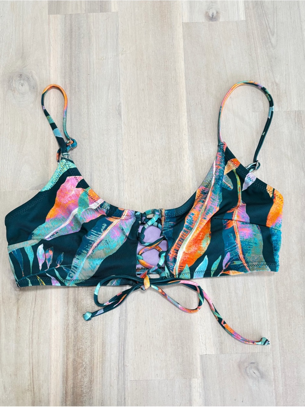 H&M Tropical Leaf Print Bikini Top in Teal, Orange, Pink